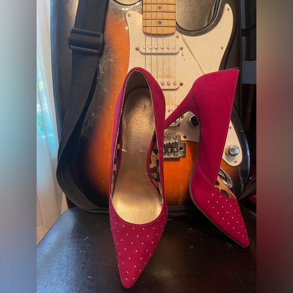 Fuchsia pink suede gold studded vamp shoes 4 inch stilettos 👠 Ladies size 8 1/2 - Picture 4 of 11